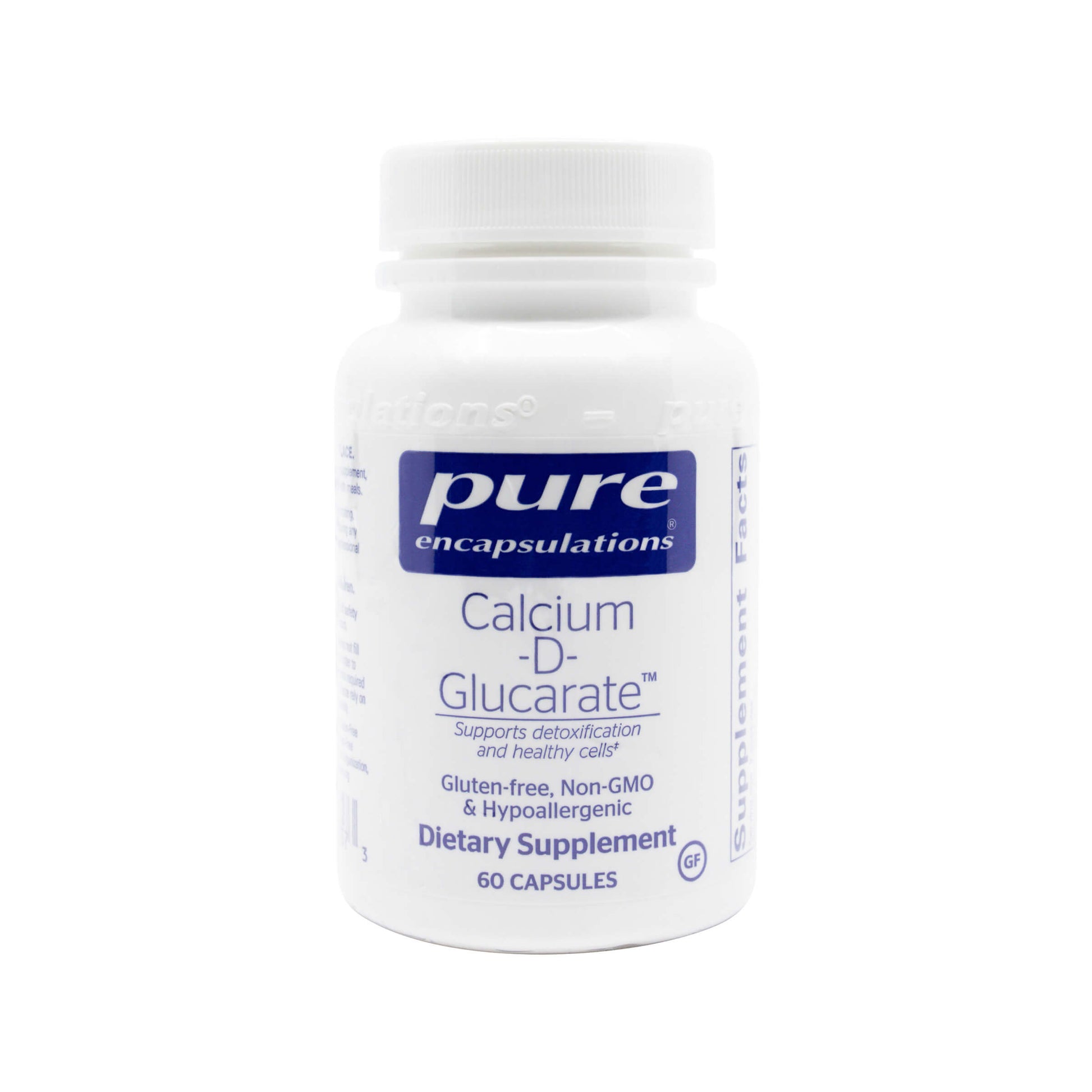 A bottle of Pure Encapsulations Calcium D-Glucarate dietary supplement with 60 capsules.