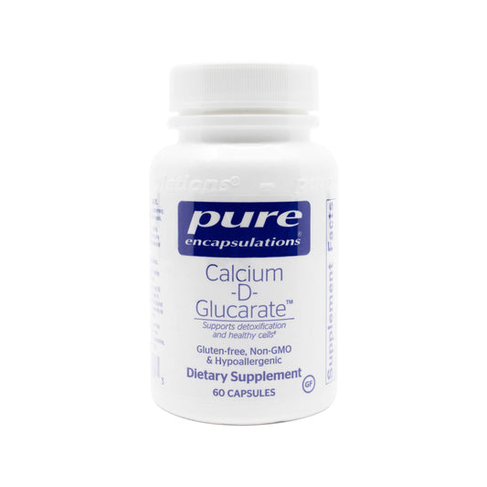 A bottle of Pure Encapsulations Calcium D-Glucarate dietary supplement with 60 capsules.