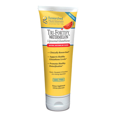 Researched Nutritionals Tri-Fortify – clinically researched liposomal reduced glutathione 450mg with vitamin C 50mg in heat-stable soy phospholipid delivery system – Watermelon flavour – 8 fl oz tube (approximately 48 servings) – no refrigeration required